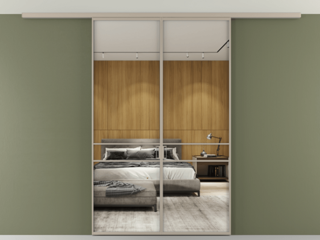 Перегородка Формато вдоль стены на потолок 2 створки АЛПР 040.02 Алюминий бисквитный Двустороннее зеркало, триплекс , триплекс 6 мм Цена 37882850 so'm | Volhovec