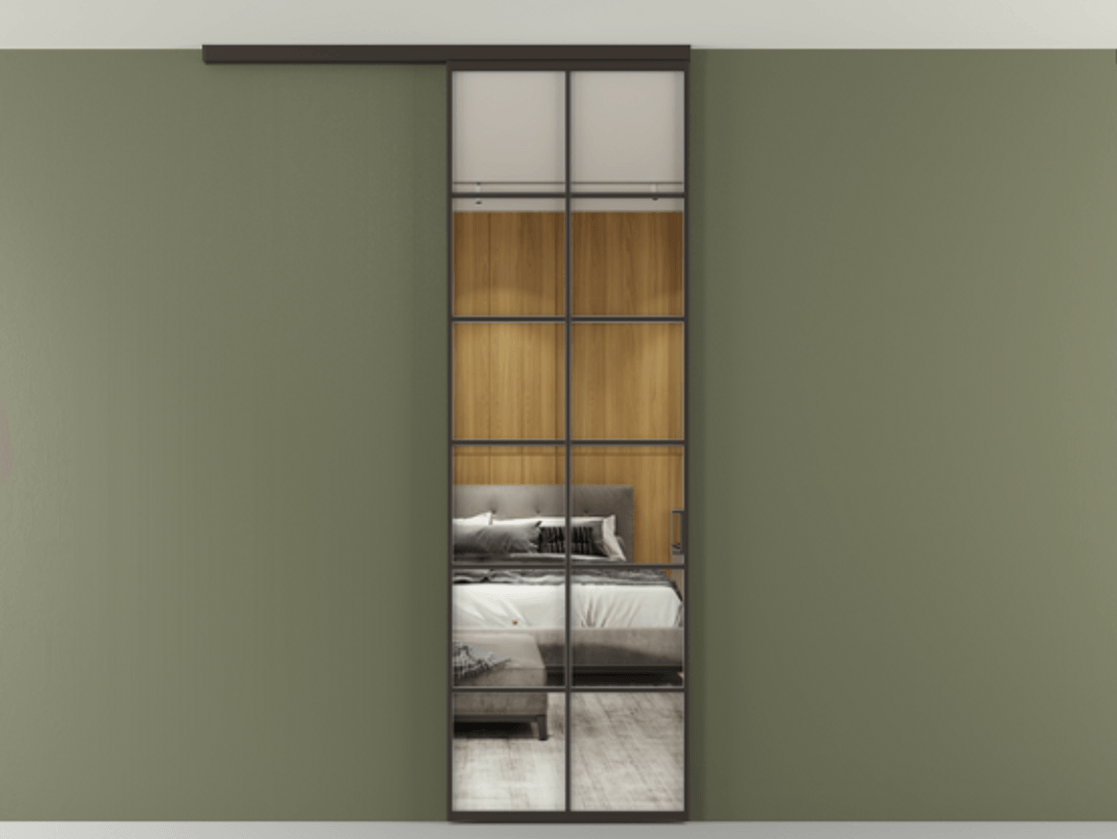 Перегородка Формато вдоль стены на потолок 1 створка АЛПР 040.05 Алюминий антрацит Двустороннее зеркало, триплекс , триплекс 6 мм Цена 21893960 so'm | Volhovec