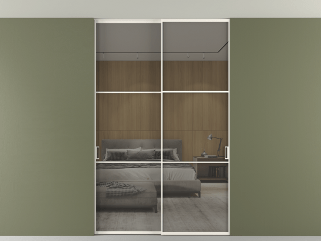 Перегородка Формато внутри проёма скрытое крепление в потолок 2 створки АЛПР 040.03 Алюминий пудровый белый Рефлективное серое стекло "Стопсол", калёное Цена 62020560 so'm | Volhovec