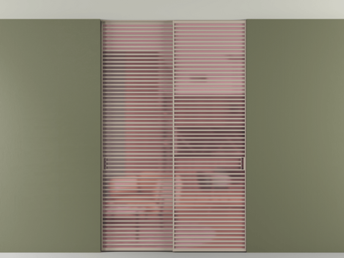 Перегородка Формато внутри проёма скрытое крепление в потолок 2 створки АЛПР 040.07 Алюминий бисквитный Сатинированное розовое стекло, триплекс Цена 83212750 so'm | Volhovec