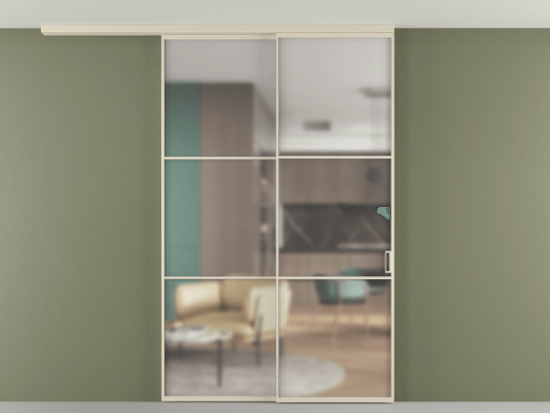 Перегородка Формато вдоль стены на потолок 2 створки с синхронным механизмом АЛПР 040.03 Алюминий бежево-серый Сатинированное стекло "Мателюкс Кристал Вижн", калёное, матовое, каленое 6 мм Цена 66385060 so'm | Volhovec