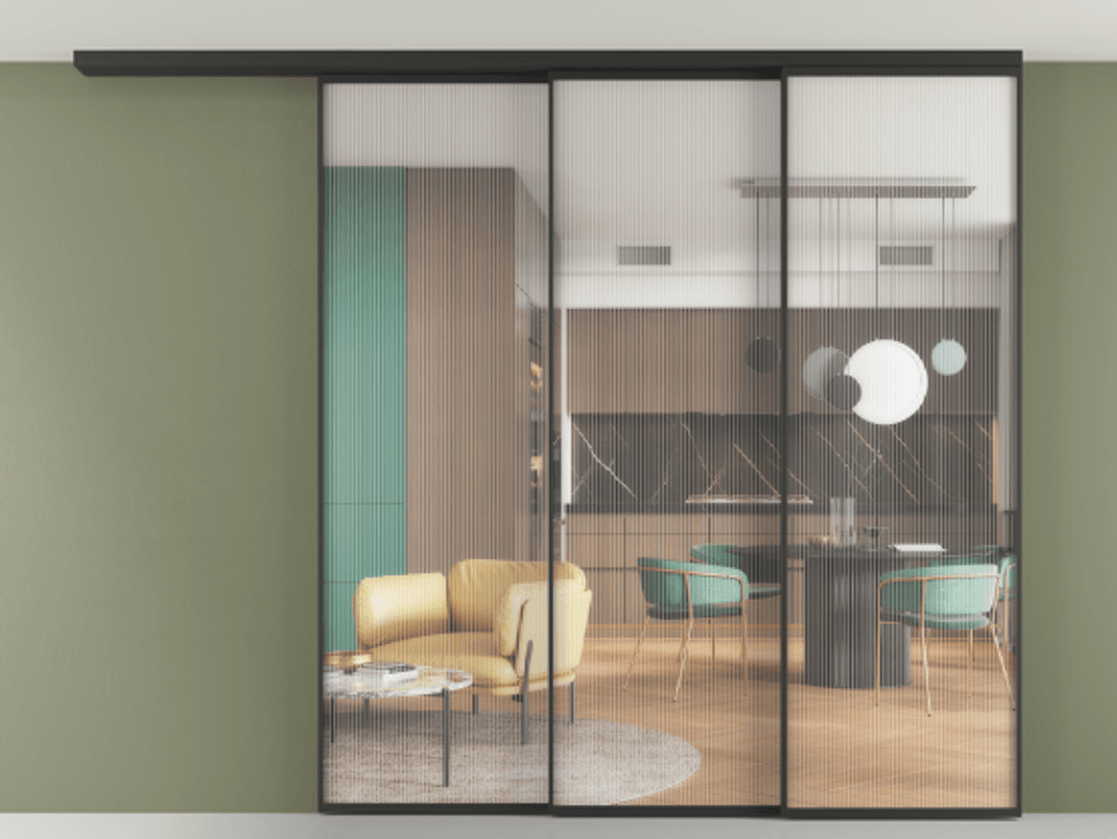 Перегородка Формато вдоль стены на потолок 3 створки с синхронным механизмом АЛПР 040.01 Алюминий Черный Рифлёное стекло "Мору", триплекс. Скрытый короб ЧЕР Цена 77714900 so'm 1. Полотно 2 шт. (800/2100 мм)
2. Комплект установки раздвижной системы
3. Базовый комплект фурнитуры
4.Ручка Рондо. Фабрика дверей Волховец 8 (800) 551 43 19 Перегородка Формато вдоль стены на потолок 3 створки с синхронным механизмом АЛПР 040.01 Алюминий Черный Рифлёное стекло "Мору", триплекс Цена 77714900 so'm | Volhovec