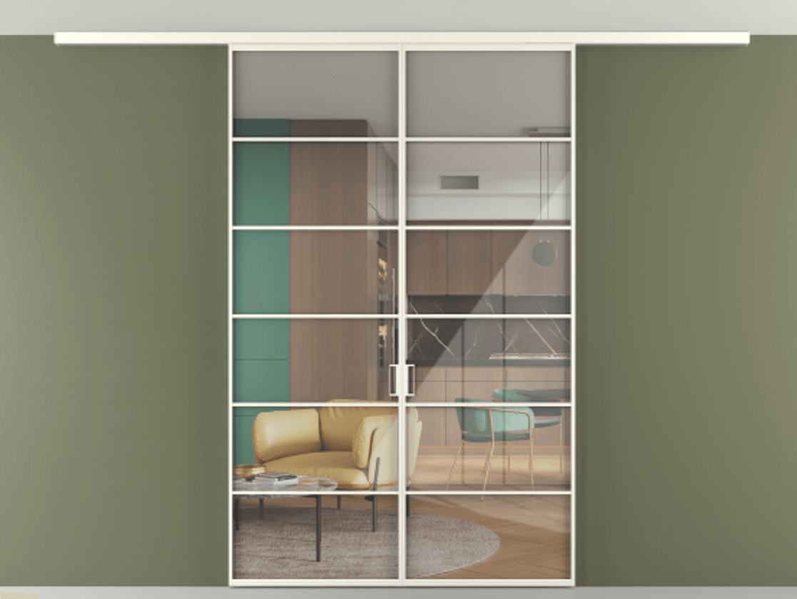 Перегородка Формато вдоль стены на потолок 2 створки АЛПР 040.04 Алюминий жемчужный Рефлективное прозрачное стекло "Стопсол", калёное Цена 44945010 so'm | Volhovec