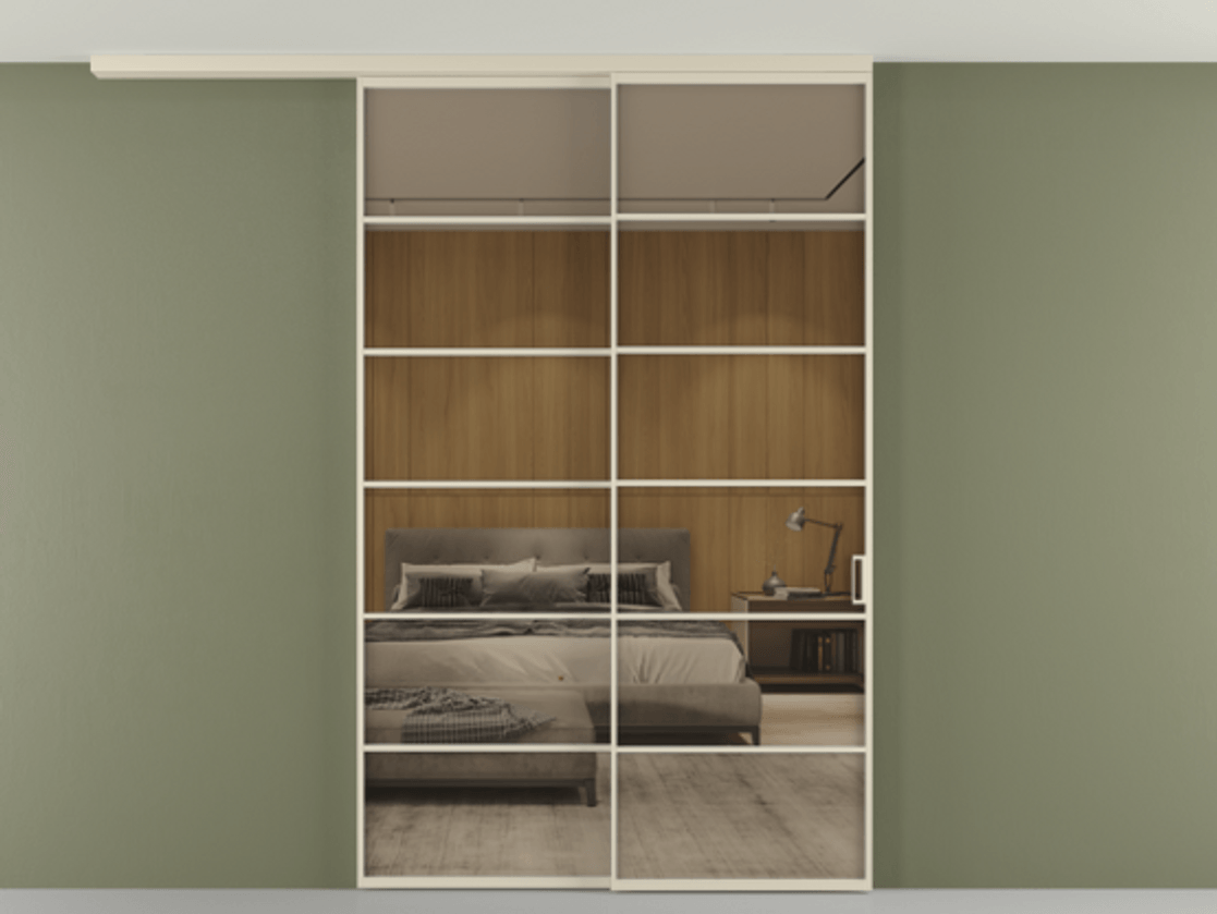 Перегородка Формато вдоль стены на потолок 2 створки с синхронным механизмом АЛПР 040.04 Алюминий бежево-серый Рефлективное бронзовое стекло "Стопсол", калёное Цена 69868540 so'm | Volhovec