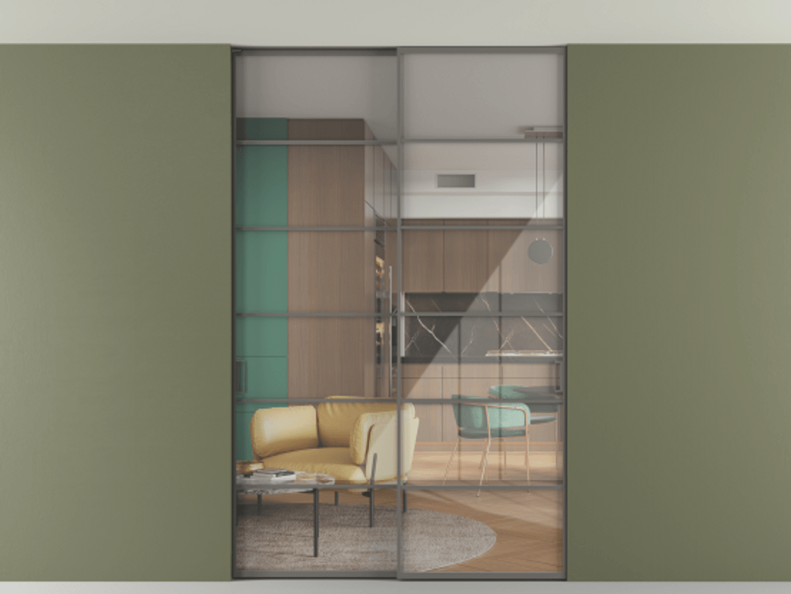 Перегородка Формато внутри проёма скрытое крепление в потолок 2 створки АЛПР 040.04 Алюминий классический серый Рефлективное прозрачное стекло "Стопсол", калёное Цена 65504040 so'm | Volhovec