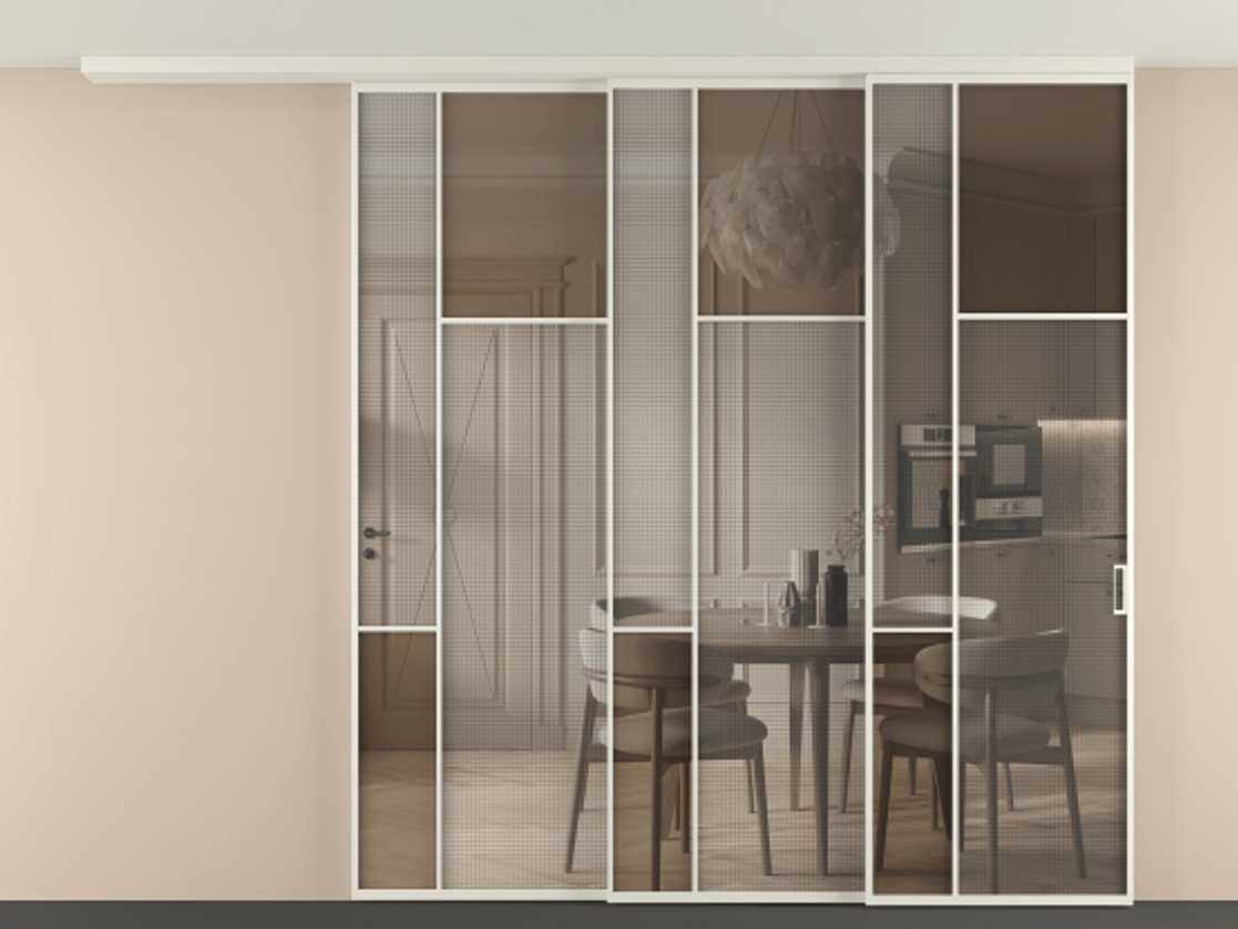 Перегородка Mosaic вдоль стены телескопик синхро-3 АЛПР 041.11 Алюминий Белый Mesh silver + Бронза прозрачное триплекс Цена 87825920 so'm | Volhovec