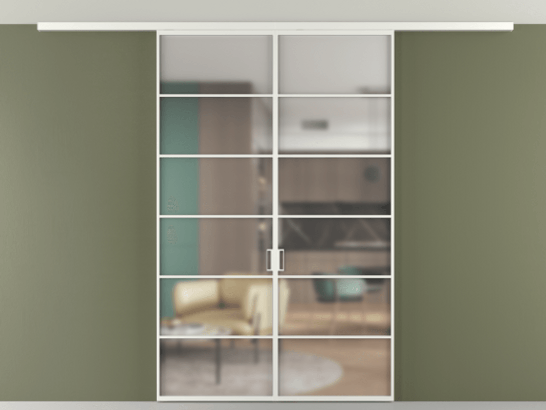 Перегородка Формато вдоль стены на потолок 2 створки АЛПР 040.04 Алюминий светло-серый Сатинированное стекло "Мателюкс Кристал Вижн", калёное, матовое, каленое 6 мм Цена 52999240 so'm | Volhovec