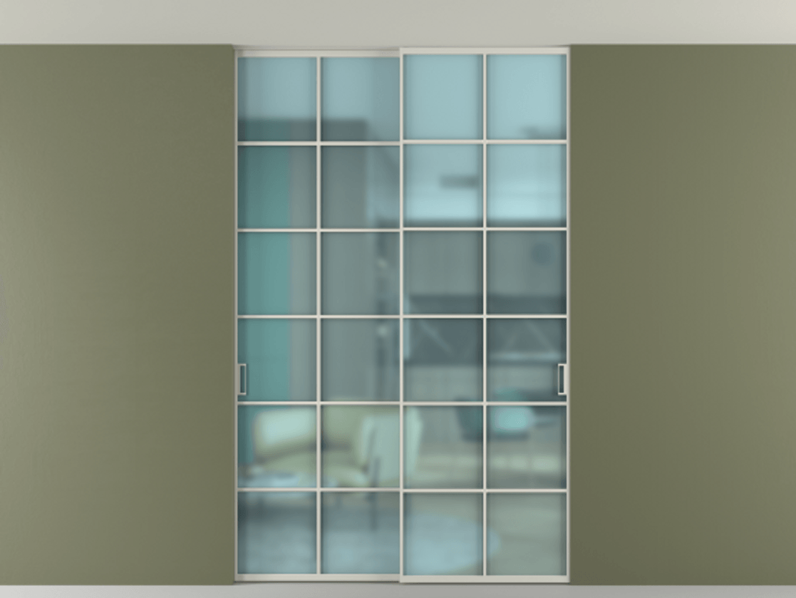 Перегородка Формато внутри проёма скрытое крепление в потолок 2 створки АЛПР 040.05 Алюминий тёплый серый Сатинированное голубое стекло, триплекс Цена 53000260 so'm | Volhovec