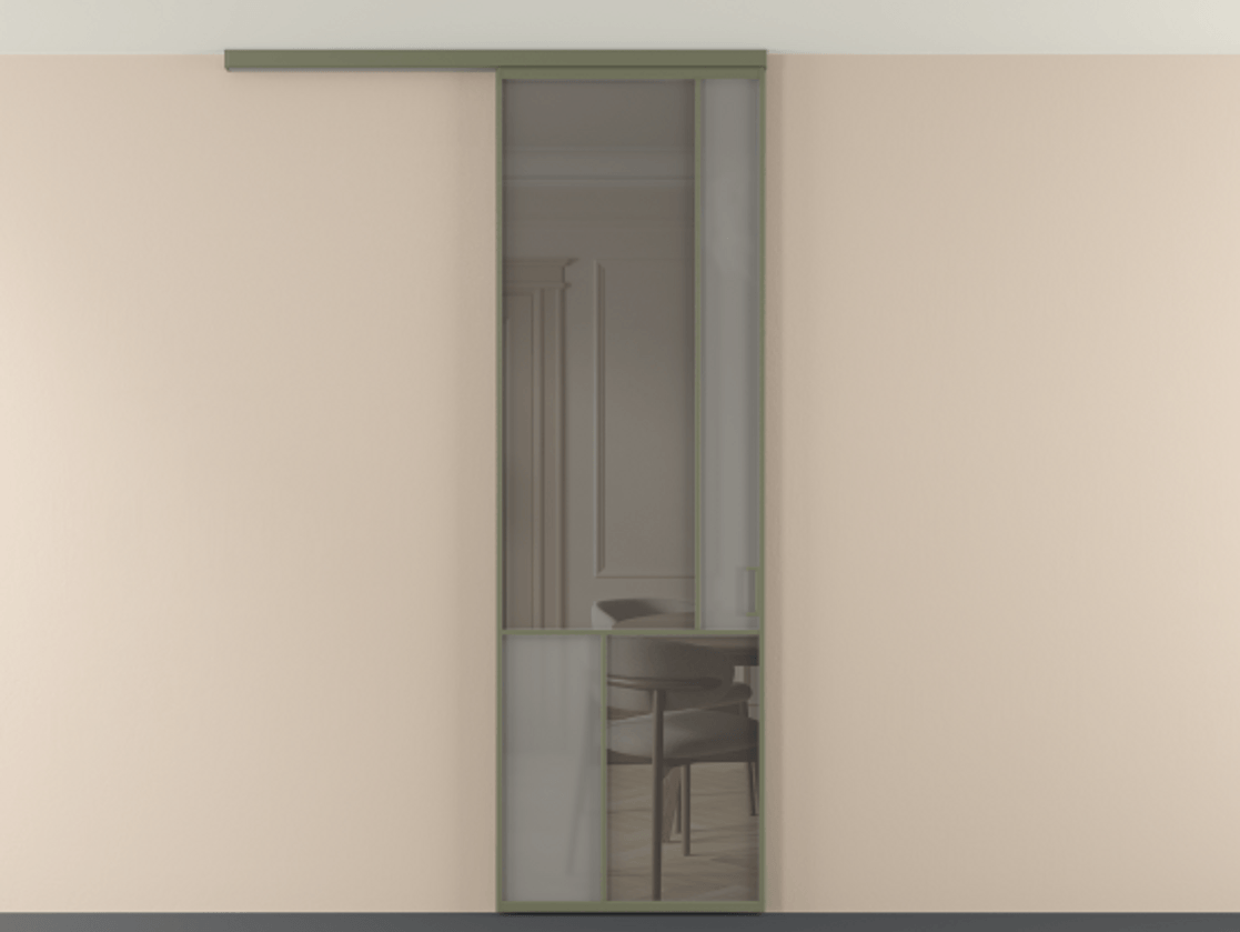 Перегородка Мозаик вдоль стены на потолок 1 створка АЛПР 041.21 Алюминий оливковый тёмный Сатинированное серое стекло, триплекс, 6 мм + Прозрачное серое стекло, триплекс Цена 27413120 so'm | Volhovec