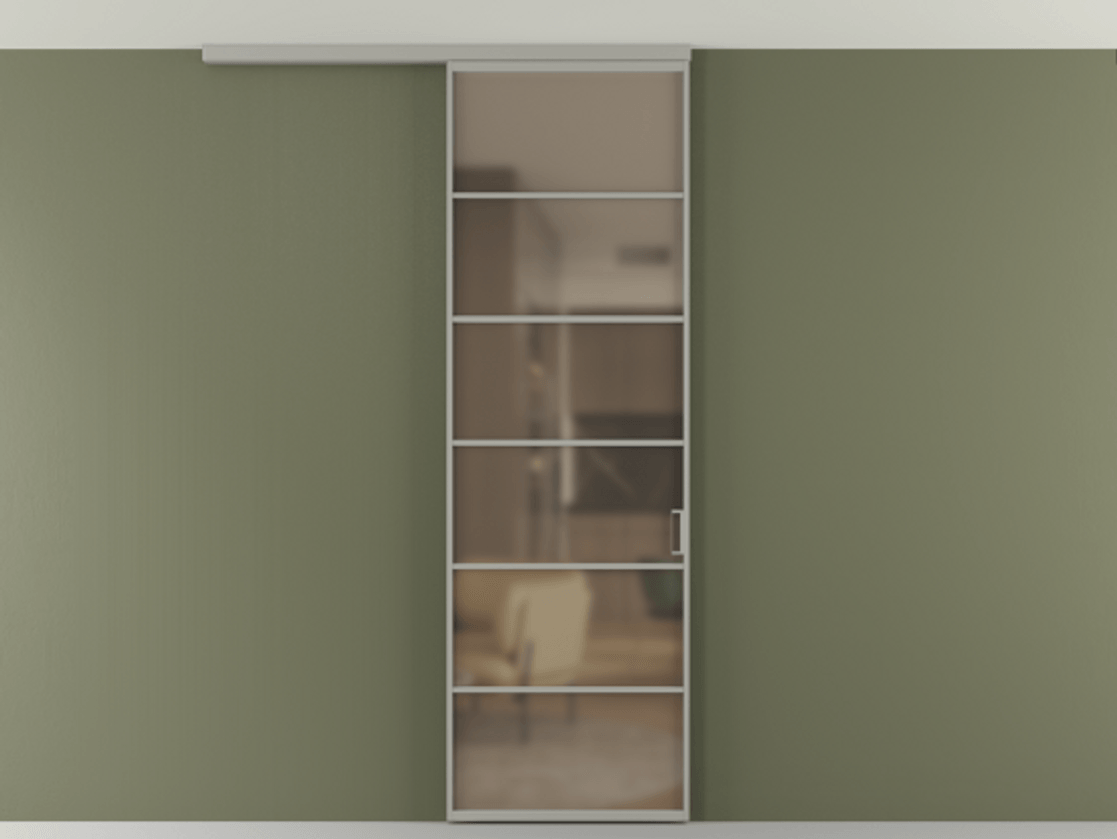 Перегородка Формато вдоль стены на потолок 1 створка АЛПР 040.04 Алюминий нейтральный серый Сатинированное бронзовое стекло, триплекс Цена 107852 ₽ | Volhovec