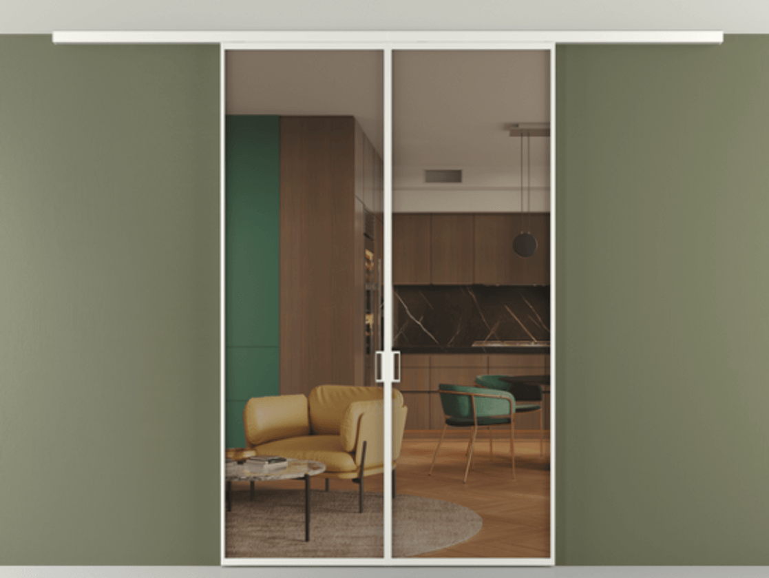 Перегородка Формато вдоль стены на потолок 2 створки АЛПР 040.01 Алюминий светло-серый Прозрачное бронзовое стекло, триплекс Цена 43856120 so'm | Volhovec