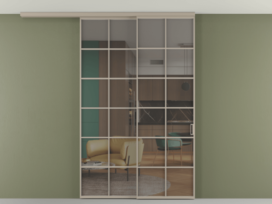 Перегородка Формато вдоль стены на потолок 2 створки с синхронным механизмом АЛПР 040.05 Алюминий бисквитный Прозрачное серое стекло, триплекс Цена 59215910 so'm | Volhovec