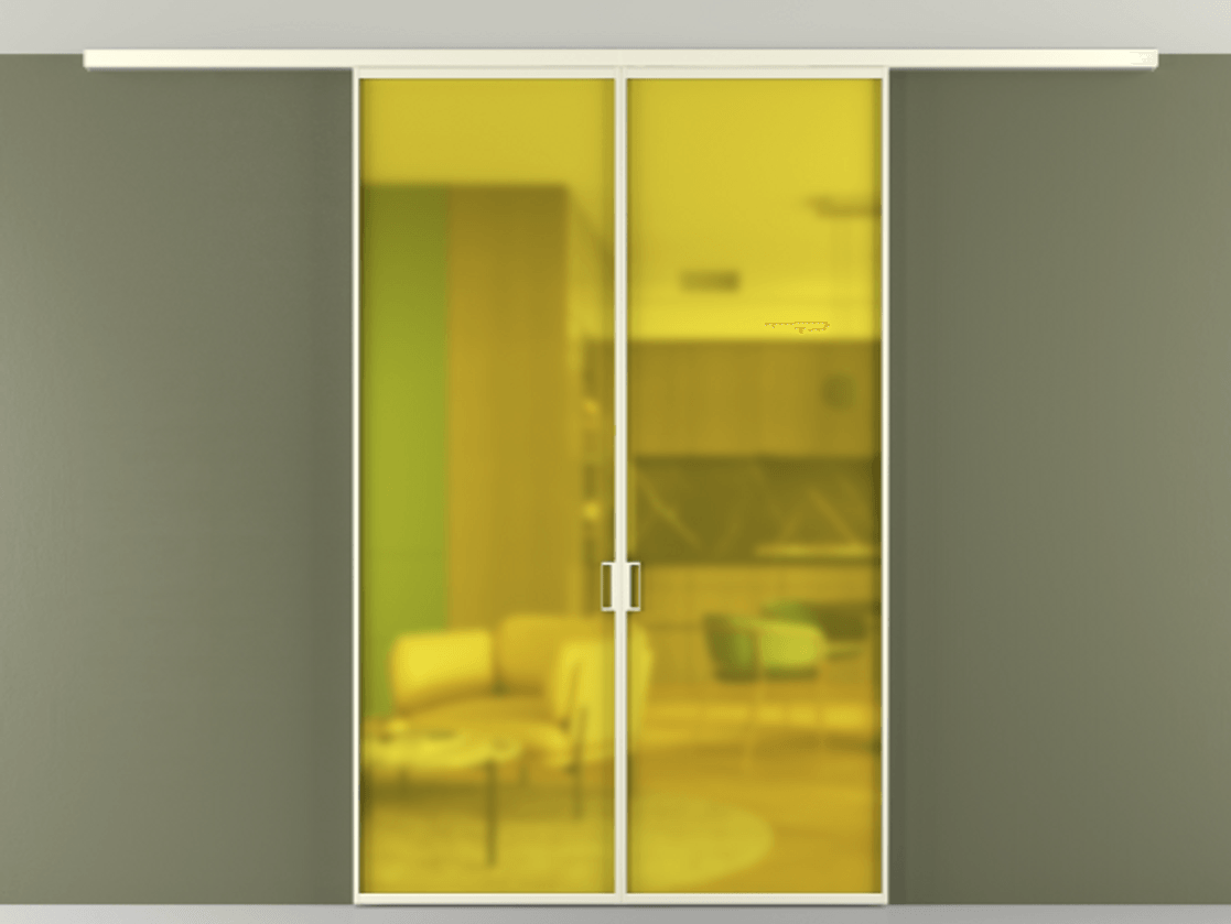 Перегородка Формато вдоль стены на потолок 2 створки АЛПР 040.01 Алюминий молочно-белый Сатинированное жёлтое стекло, триплекс Цена 36074120 so'm | Volhovec