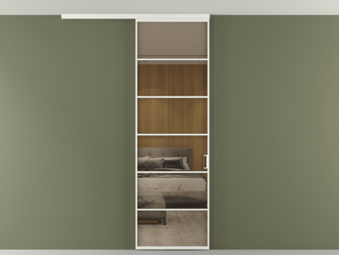 Перегородка Формато вдоль стены на потолок 1 створка АЛПР 040.04 Алюминий светло-серый Рефлективное бронзовое стекло "Стопсол", калёное Цена 27220270 so'm | Volhovec