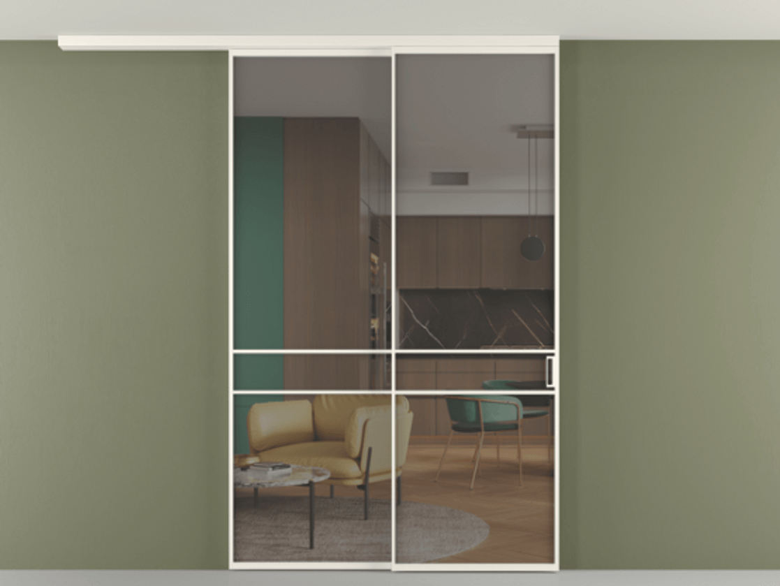 Перегородка Формато вдоль стены на потолок 2 створки с синхронным механизмом АЛПР 040.02 Алюминий пудровый белый Прозрачное серое стекло, триплекс Цена 63137060 so'm | Volhovec