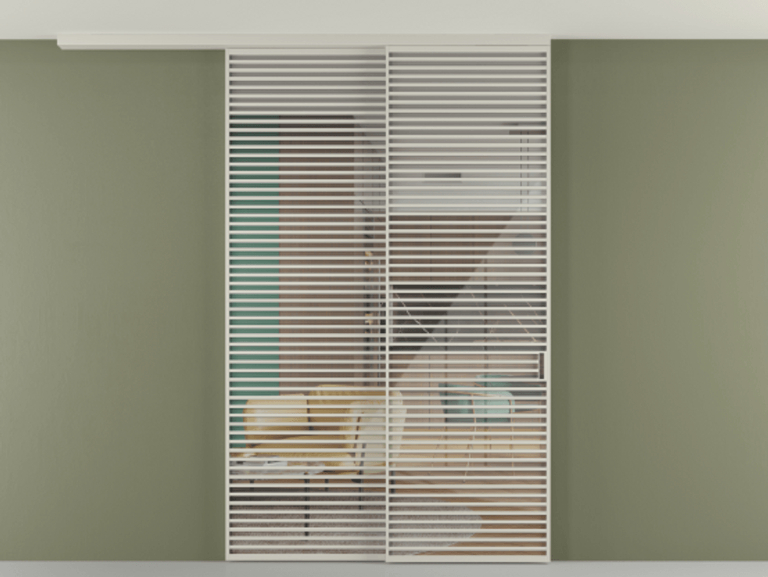 Перегородка Формато вдоль стены на потолок 2 створки с синхронным механизмом АЛПР 040.07 Алюминий тёплый серый Рефлективное прозрачное стекло "Стопсол", калёное Цена 110151860 so'm | Volhovec