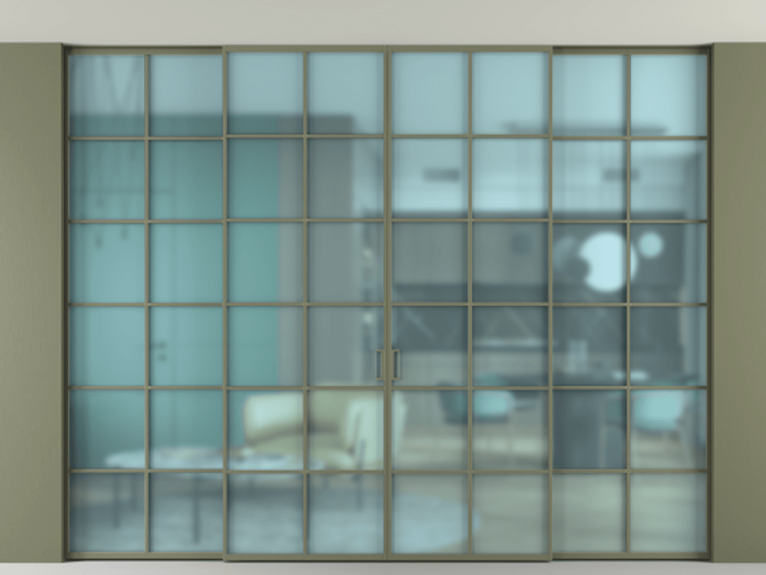 Перегородка Формато внутри проёма скрытое крепление в потолок 4 створки АЛПР 040.05 Алюминий оливковый тёмный Сатинированное голубое стекло, триплекс Цена 94652810 so'm | Volhovec