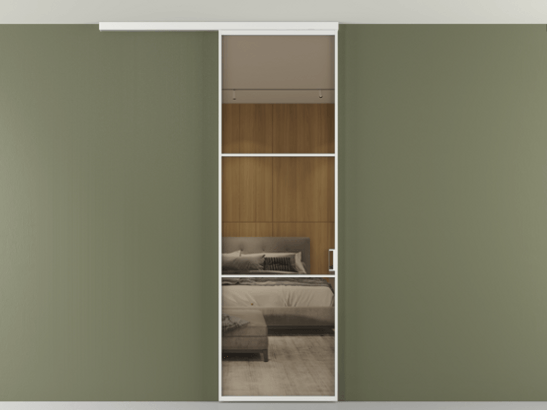 Перегородка Формато вдоль стены на потолок 1 створка АЛПР 040.03 Алюминий белоснежный Рефлективное бронзовое стекло "Стопсол", калёное Цена 21799760 so'm | Volhovec