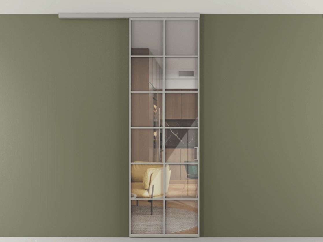 Перегородка Формато вдоль стены на потолок 1 створка АЛПР 040.05 Алюминий нейтральный серый Рефлективное прозрачное стекло "Стопсол", калёное Цена 134090 ₽ | Volhovec