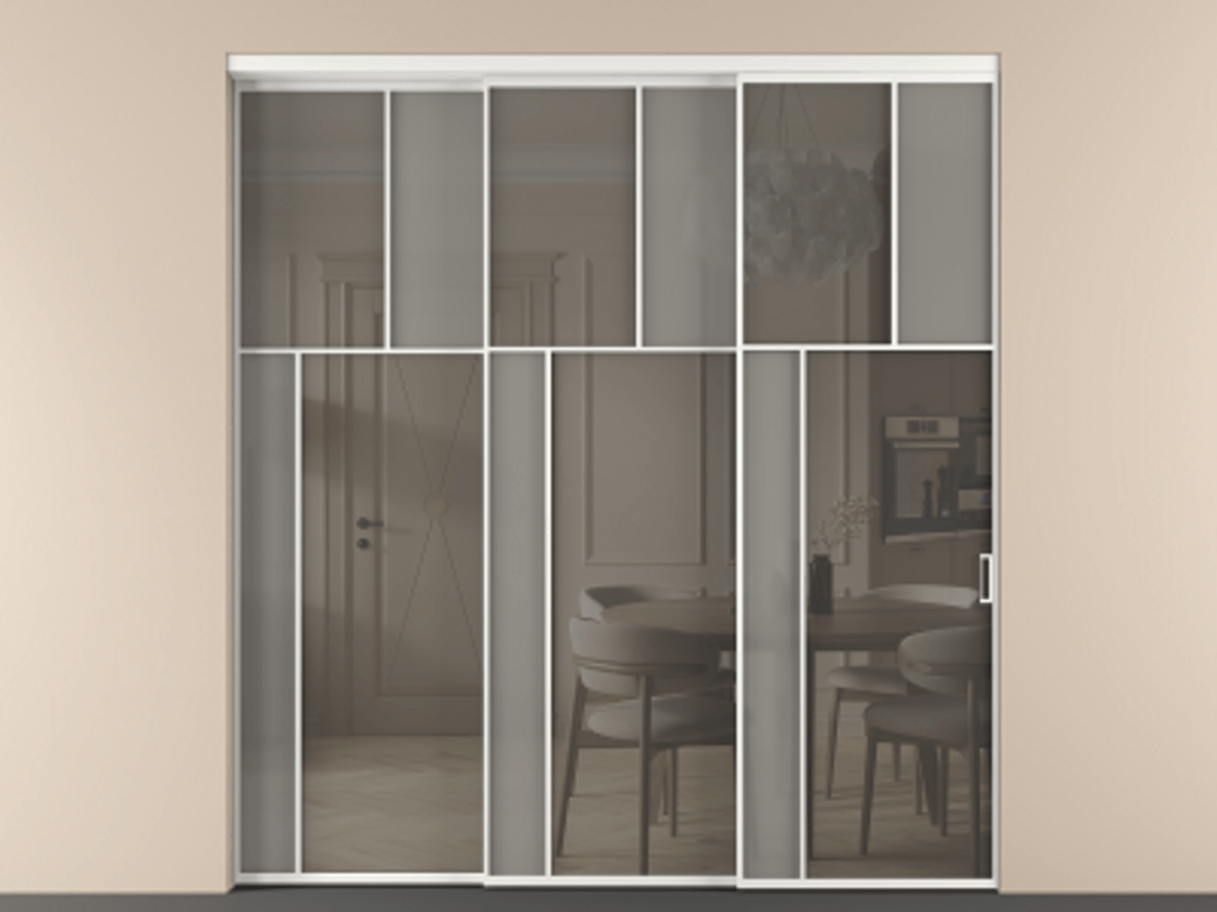 Перегородка Мозаик внутри проёма 3 створки с синхронным механизмом АЛПР 041.22 Алюминий белоснежный Сатинированное серое стекло, триплекс, 6 мм + Прозрачное серое стекло, триплекс Цена 88790170 so'm | Volhovec