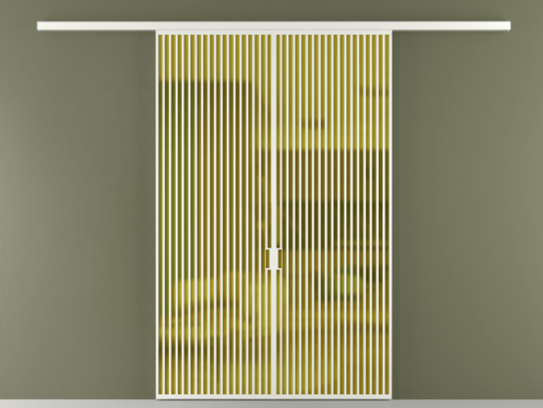 Перегородка Формато вдоль стены 2 створки АЛПР 040.06 Алюминий светло-серый Сатинированное жёлтое стекло, триплекс Цена 69517350 so'm | Volhovec