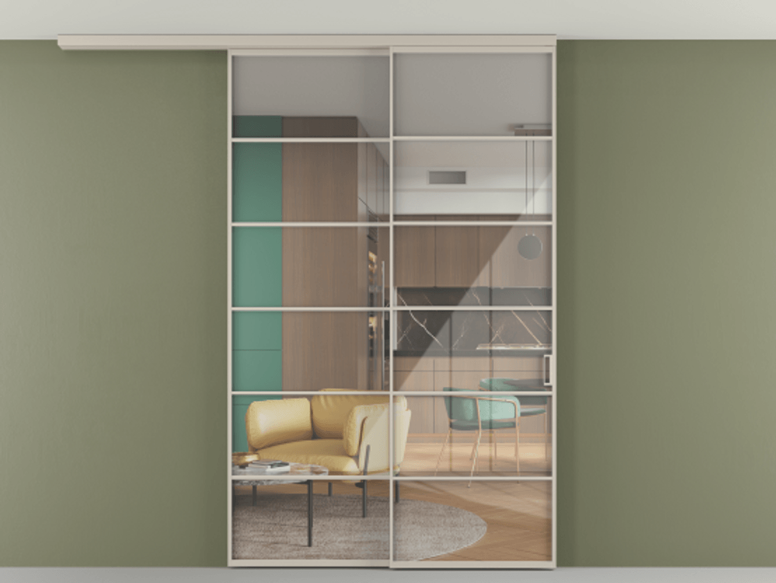 Перегородка Формато вдоль стены на потолок 2 створки с синхронным механизмом АЛПР 040.04 Алюминий светло-бежевый Рефлективное прозрачное стекло "Стопсол", калёное Цена 334950 ₽ | Volhovec