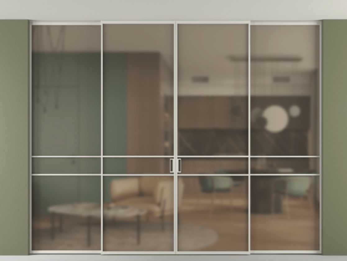 Перегородка Formato внутри проёма скрытое крепление в потолок 4 створки АЛПР 040.02 Алюминий тёплый серый Сатинированное бронзовое стекло, триплекс Цена 89427590 so'm | Volhovec