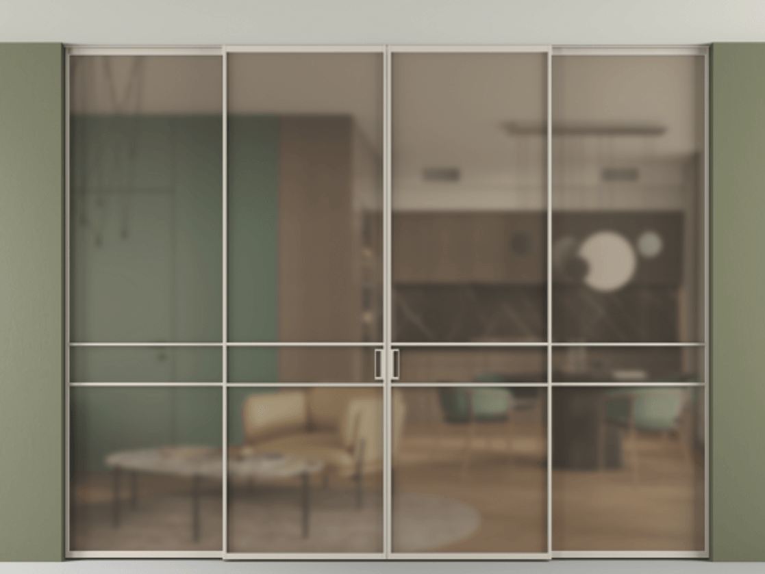 Перегородка Формато внутри проёма скрытое крепление в потолок 4 створки АЛПР 040.02 Алюминий светло-бежевый Сатинированное бронзовое стекло, триплекс. Цена 96600390 so'm 1. Полотно 4 шт. (800/2100 мм)
2. Комплект установки раздвижной системы
3. Базовый комплект фурнитуры
4.Ручка Рондо. Фабрика дверей Волховец 8 (800) 551 43 19 Перегородка Формато внутри проёма скрытое крепление в потолок 4 створки АЛПР 040.02 Алюминий светло-бежевый Сатинированное бронзовое стекло, триплекс Цена 96600390 so'm | Volhovec