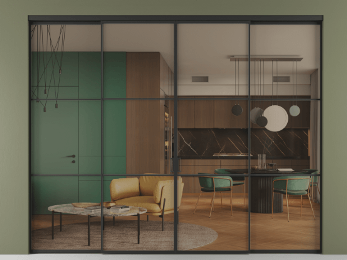 Перегородка Formato внутри проёма четырёхстворчатая АЛПР 040.03 Алюминий Черный Прозрачное бронзовое стекло, триплекс, 6 мм. Скрытый короб ЧЕР Цена 61971840 so'm 1. Полотно 4 шт.  (800/2100 мм)
2. Комплект установки раздвижной системы
3. Базовый комплект фурнитуры
4.Ручка RONDO. Фабрика дверей Волховец 8 (800) 551 43 19  Перегородка Formato внутри проёма четырёхстворчатая АЛПР 040.03 Алюминий Черный Прозрачное бронзовое стекло, триплекс, 6 мм Цена 61971840 so'm  | Volhovec