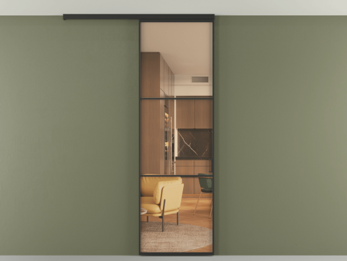 Перегородка Формато вдоль стены на потолок 1 створка АЛПР 040.03 Алюминий Черный Прозрачное оранжевое стекло, триплекс Цена 18917140 so'm | Volhovec