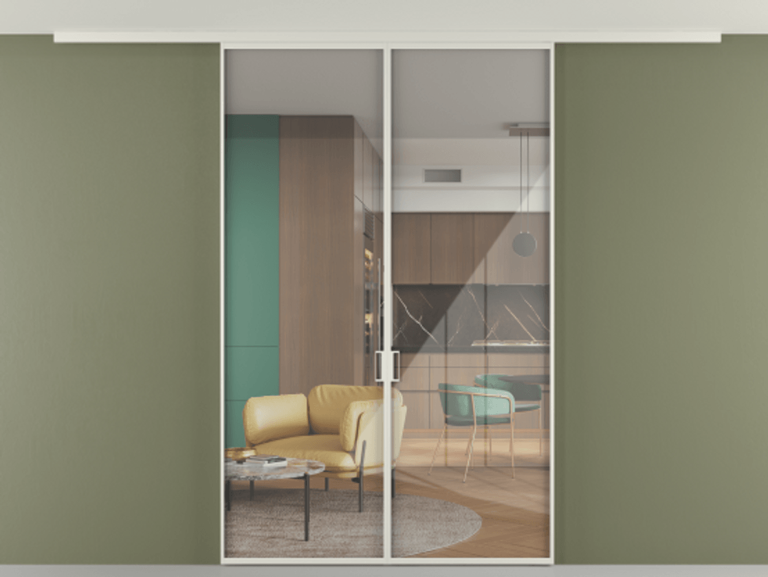 Перегородка Формато вдоль стены на потолок 2 створки АЛПР 040.01 Алюминий Белый Рефлективное прозрачное стекло "Стопсол", калёное Цена 45362380 so'm | Volhovec