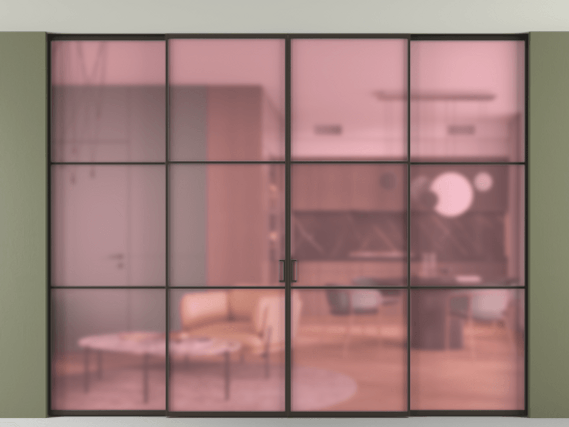 Перегородка Формато внутри проёма скрытое крепление в потолок 4 створки АЛПР 040.03 Алюминий антрацит Сатинированное розовое стекло, триплекс Цена 92781590 so'm | Volhovec