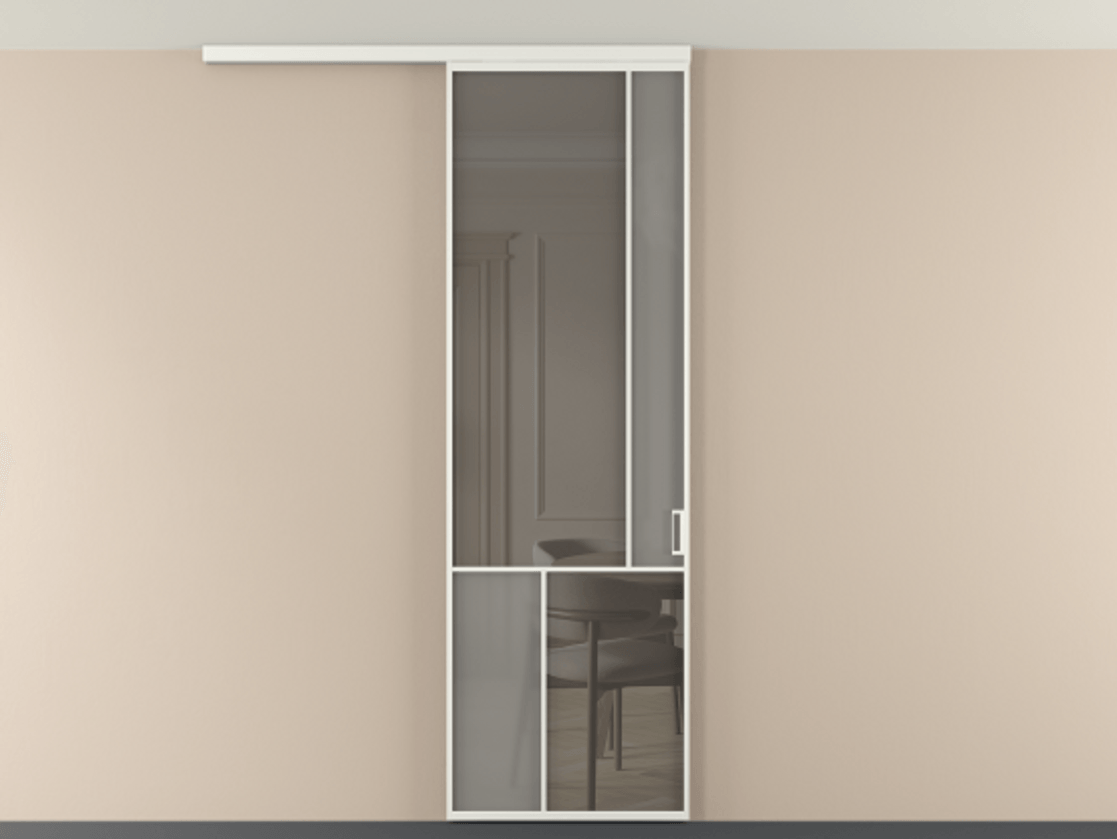 Перегородка Мозаик вдоль стены на потолок 1 створка АЛПР 041.21 Алюминий светло-серый Сатинированное серое стекло, триплекс, 6 мм + Прозрачное серое стекло, триплекс Цена 27413120 so'm | Volhovec