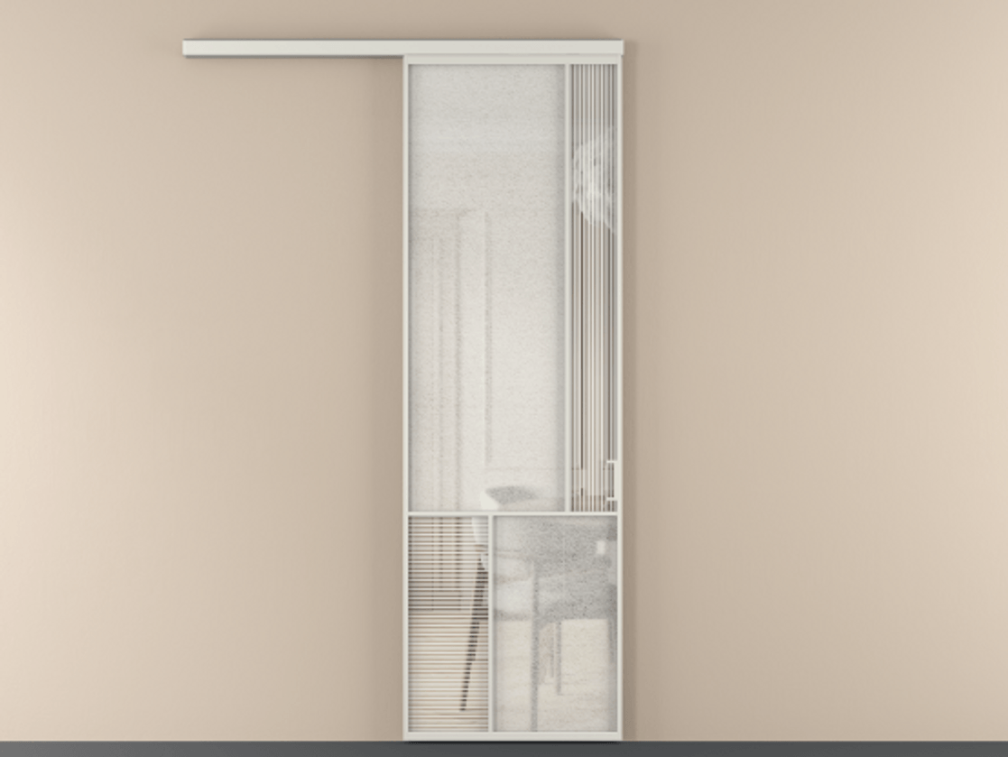 Перегородка Mosaic вдоль стены 1 створка АЛПР 041.21 Алюминий серый Рифлёное стекло "Дюна", триплекс, 6 мм + Фактурное стекло "Лёд", триплекс Цена 29441090 so'm | Volhovec