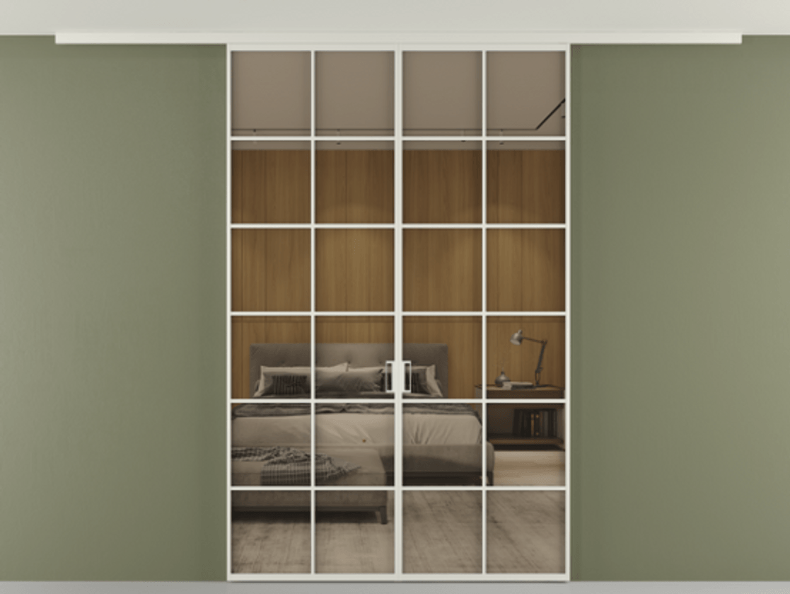 Перегородка Формато вдоль стены на потолок 2 створки АЛПР 040.05 Алюминий Белый Рефлективное бронзовое стекло "Стопсол", калёное Цена 50989540 so'm | Volhovec