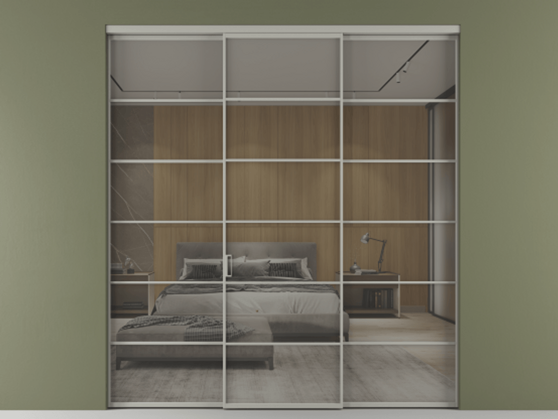 Перегородка Formato внутри проёма 3 створки АЛПР 040.04 Алюминий нейтральный серый Рефлективное серое стекло "Stopsol", калёное Цена 17770 AZE | Volhovec