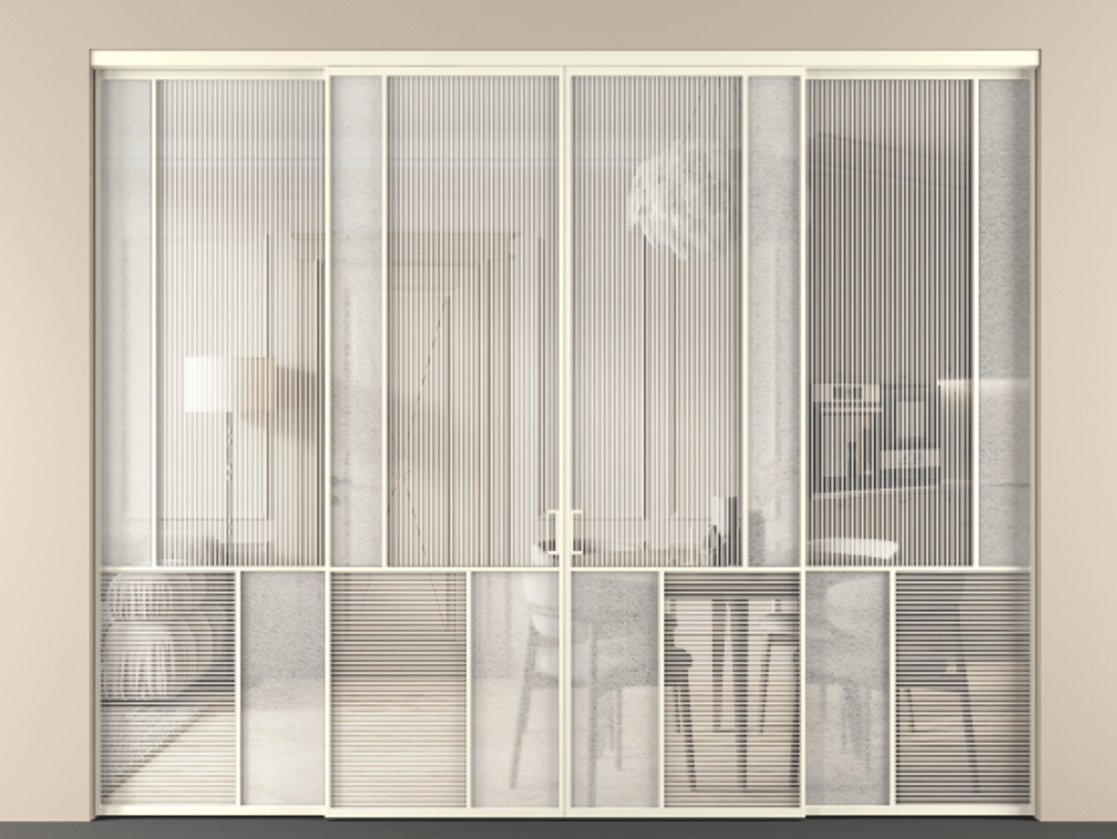 Перегородка Мозаик внутри проёма 4 створки АЛПР 041.21 Алюминий молочно-белый Рифлёное стекло "Дюна", триплекс, 6 мм + Фактурное стекло "Лёд", триплекс Цена 100062760 so'm | Volhovec