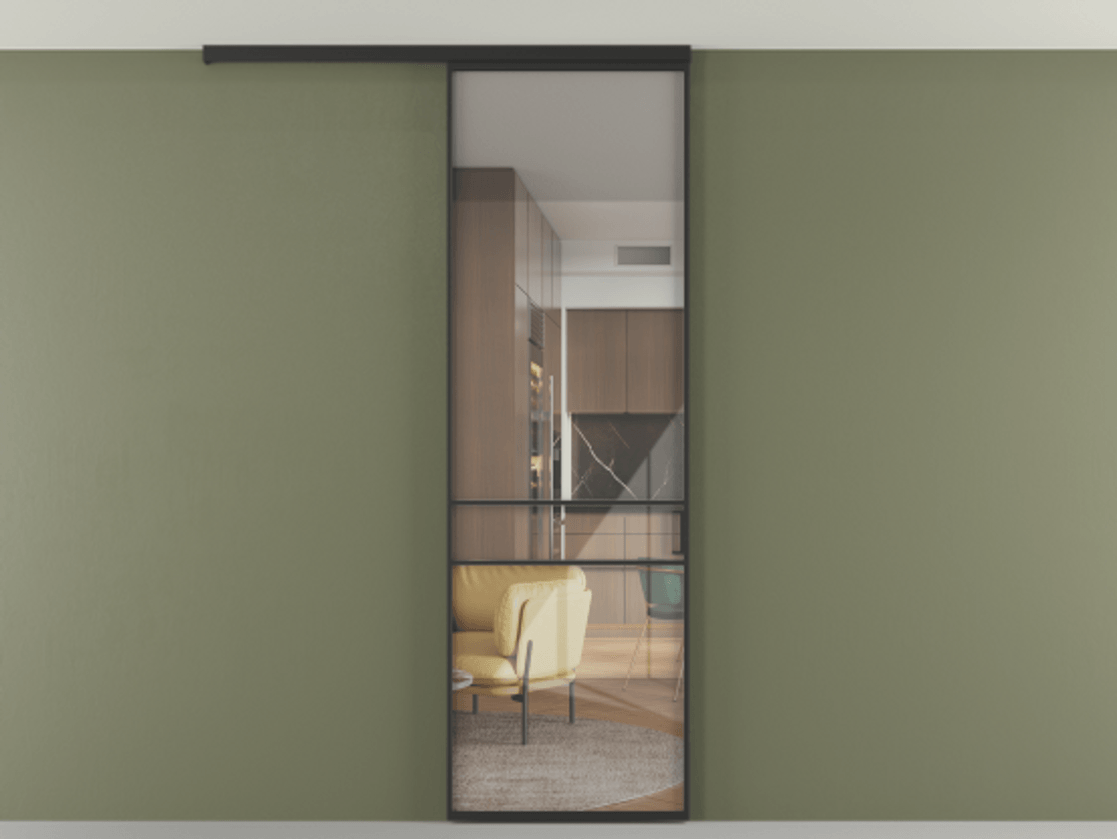 Перегородка Формато вдоль стены на потолок 1 створка АЛПР 040.02 Алюминий Черный Рефлективное прозрачное стекло "Стопсол", калёное Цена 24532550 so'm | Volhovec