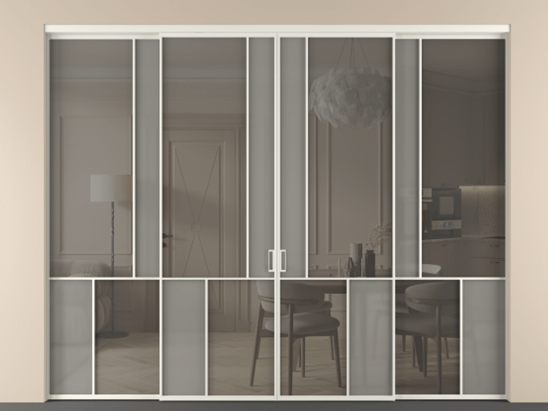 Перегородка Mosaic внутри проёма 4 створки АЛПР 041.20 Алюминий Белый Сатинированное серое стекло, триплекс, 6 мм + Прозрачное серое стекло, триплекс Цена 89717880 so'm | Volhovec