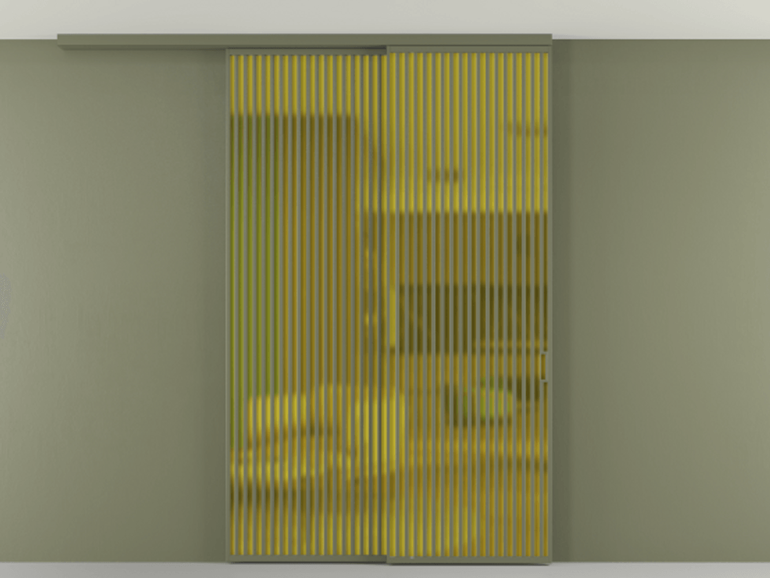 Перегородка Formato вдоль стены на потолок 2 створки с синхронным механизмом АЛПР 040.06 Алюминий оливковый тёмный Сатинированное жёлтое стекло, триплекс Цена 22500 AZE | Volhovec