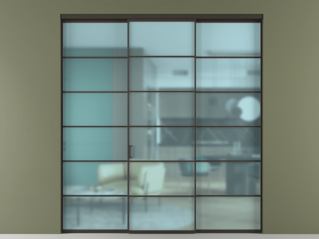 Перегородка Formato внутри проёма 3 створки АЛПР 040.04 Алюминий антрацит Сатинированное голубое стекло, триплекс Цена 51729480 so'm | Volhovec