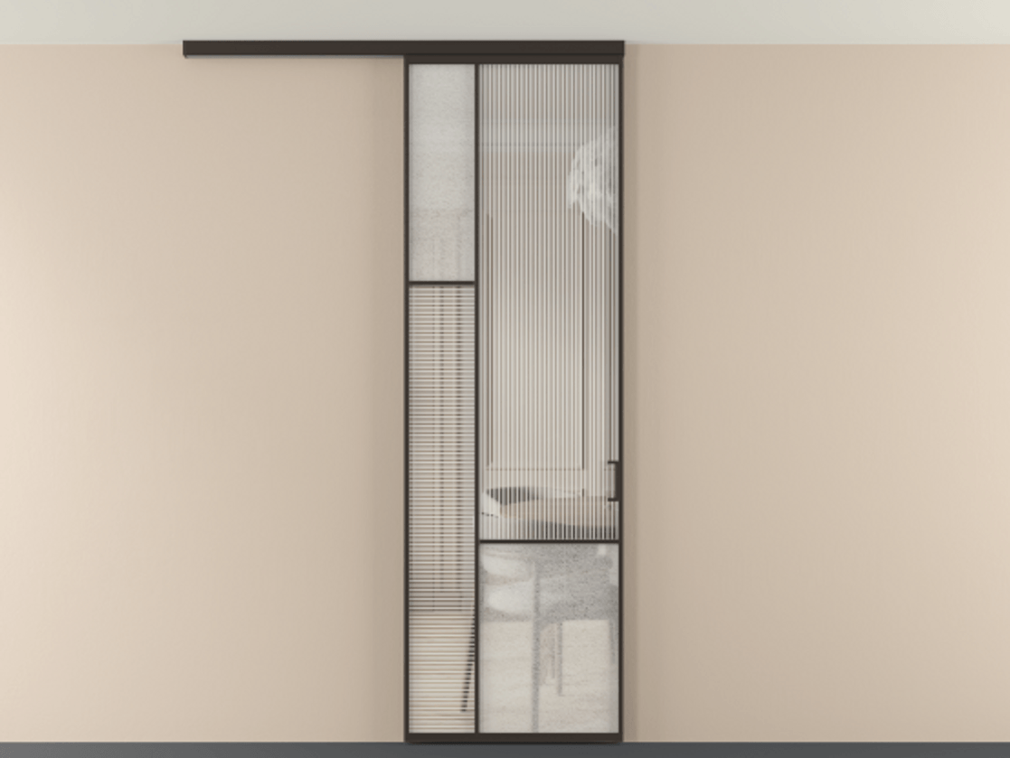 Перегородка Мозаик вдоль стены на потолок 1 створка АЛПР 041.13 Алюминий антрацит Рифлёное стекло "Дюна", триплекс, 6 мм + Фактурное стекло "Лёд", триплекс Цена 29037120 so'm | Volhovec