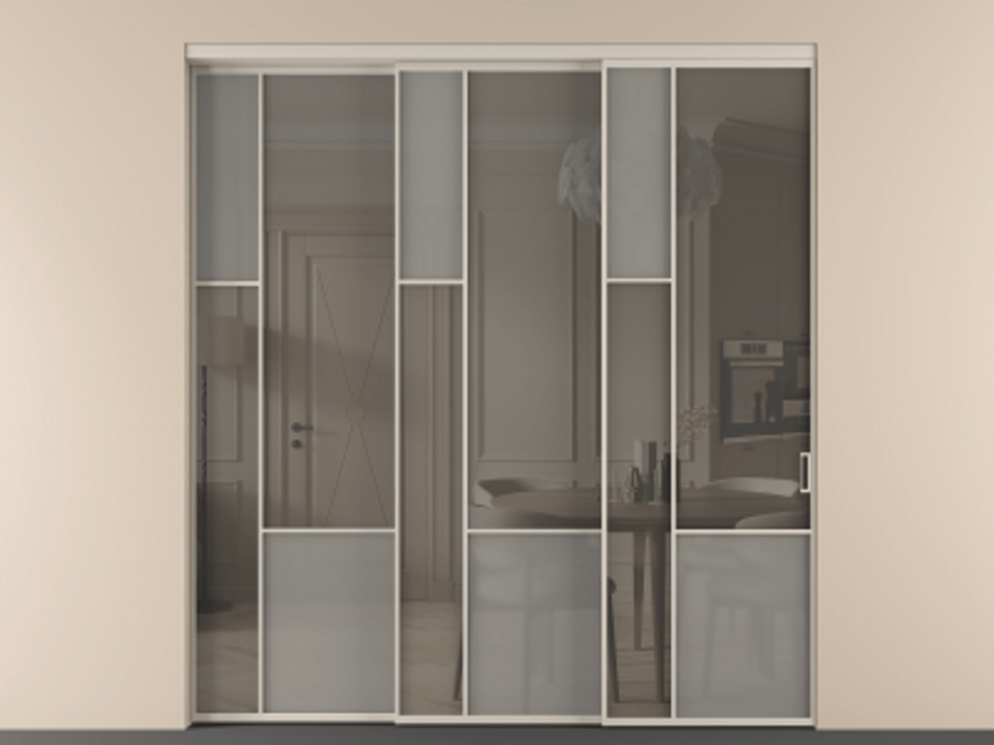 Перегородка Мозаик внутри проёма 3 створки с синхронным механизмом АЛПР 041.13 Алюминий светло-бежевый Сатинированное серое стекло, триплекс, 6 мм + Прозрачное серое стекло, триплекс Цена 88790170 so'm | Volhovec