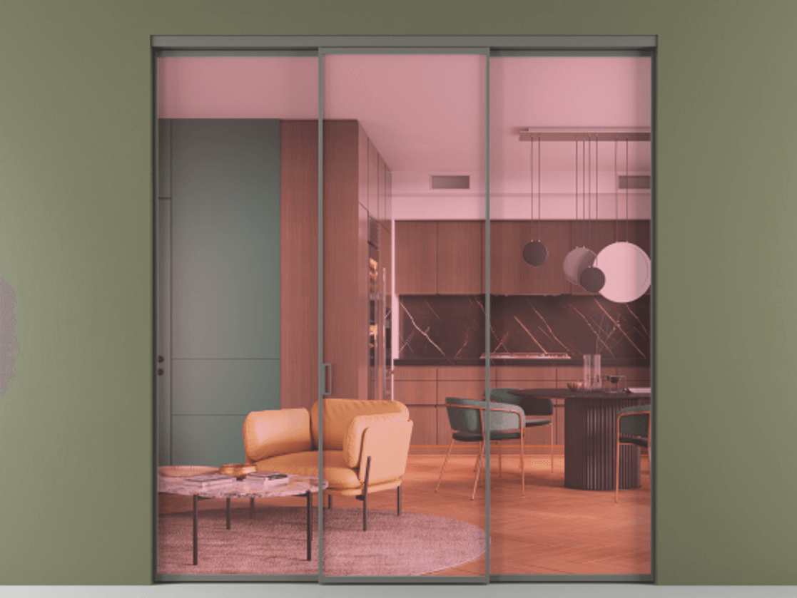 Перегородка Formato внутри проёма 3 створки АЛПР 040.01 Алюминий классический серый Прозрачное розовое стекло, триплекс Цена 45700380 so'm | Volhovec