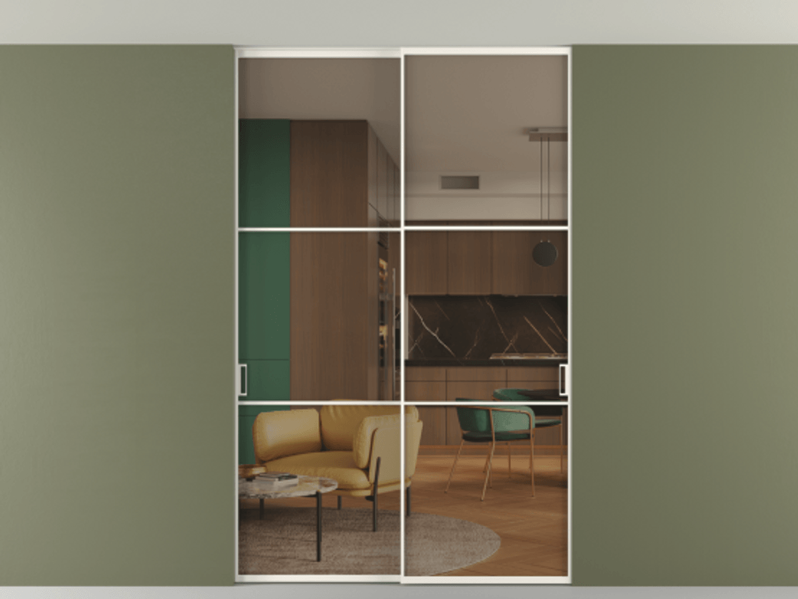 Перегородка Формато внутри проёма скрытое крепление в потолок 2 створки АЛПР 040.03 Алюминий пудровый белый Прозрачное бронзовое стекло, триплекс Цена 50387650 so'm | Volhovec