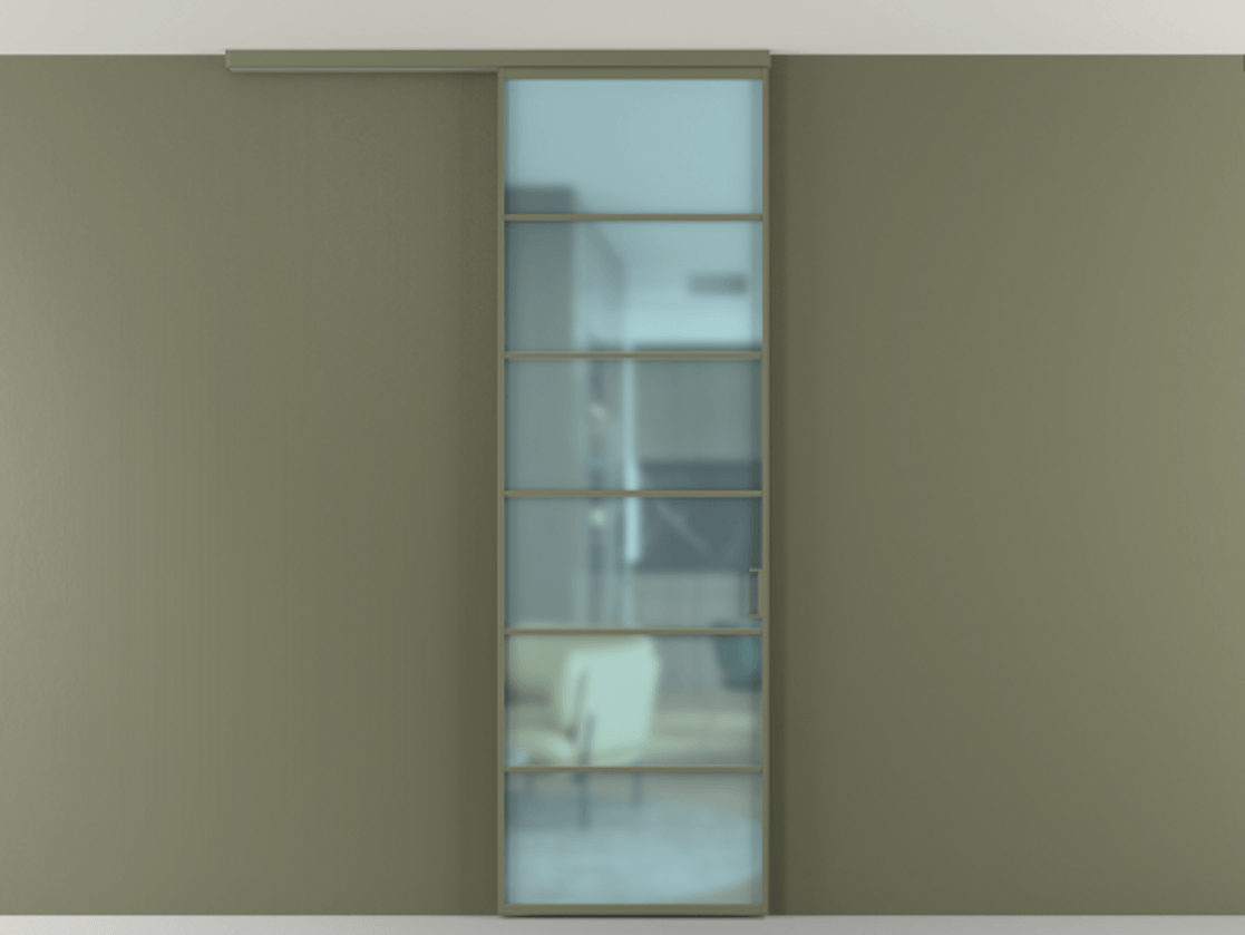 Перегородка Формато вдоль стены на потолок 1 створка АЛПР 040.04 Алюминий оливковый тёмный Сатинированное голубое стекло, триплекс Цена 20968450 so'm | Volhovec