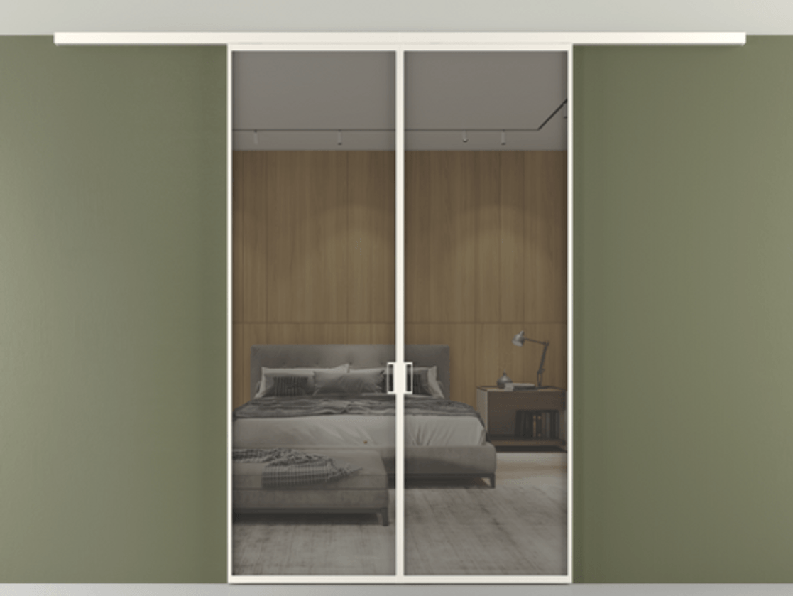 Перегородка Формато вдоль стены на потолок 2 створки АЛПР 040.01 Алюминий пудровый белый Рефлективное серое стекло "Стопсол", калёное Цена 47104120 so'm | Volhovec