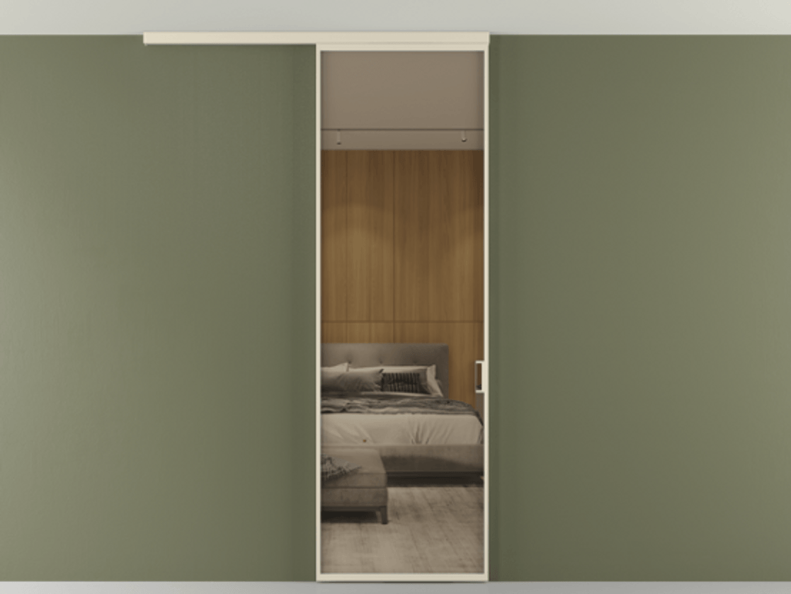 Перегородка Формато вдоль стены на потолок 1 створка АЛПР 040.01 Алюминий бежево-серый Рефлективное бронзовое стекло "Стопсол", калёное Цена 24272710 so'm | Volhovec