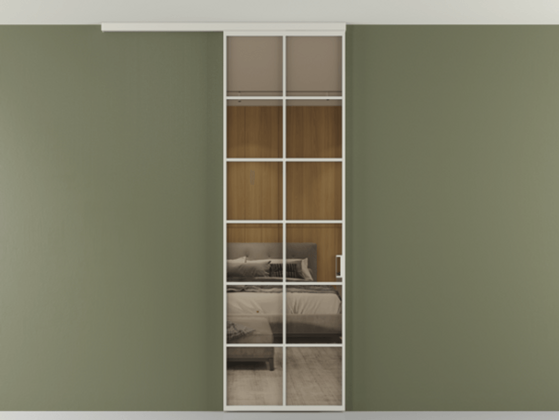 Перегородка Формато вдоль стены на потолок 1 створка АЛПР 040.05 Алюминий тёплый серый Рефлективное бронзовое стекло "Стопсол", калёное Цена 27220270 so'm | Volhovec