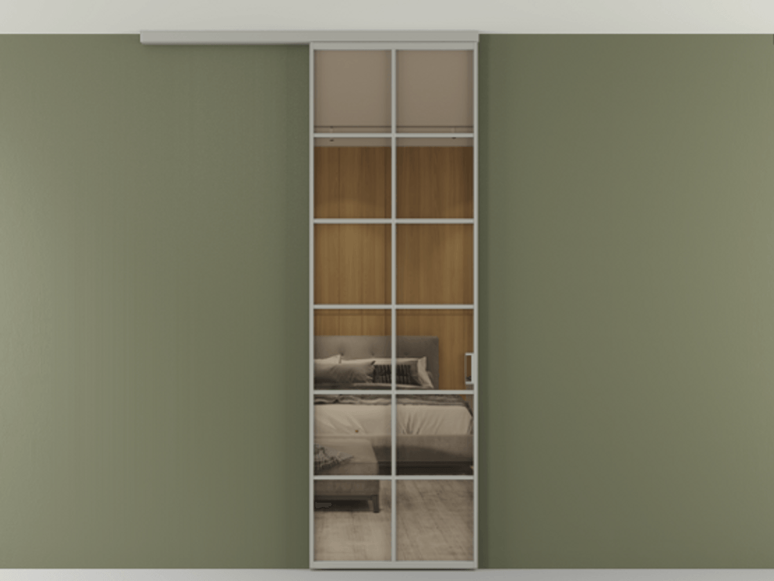 Перегородка Формато вдоль стены на потолок 1 створка АЛПР 040.05 Алюминий нейтральный серый Рефлективное бронзовое стекло "Стопсол", калёное Цена 27220270 so'm | Volhovec